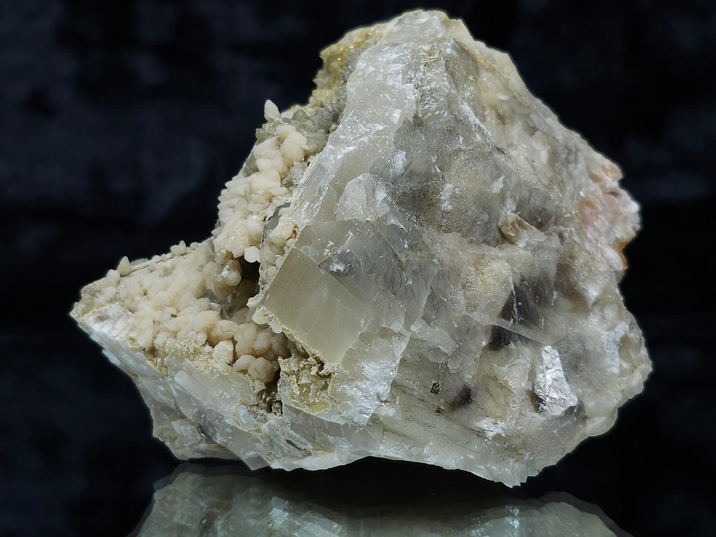 #88129 Spirit Gwindel Quartz formation with uncommon Calcite formation on cream-white Calcite pseudomorph after Combined form Calcite on Calcite matrix
