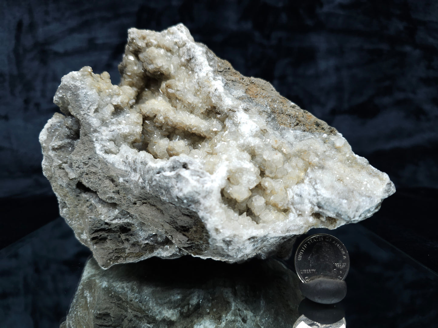 #33013 Clear Nailhead Spar Calcite cluster, Chalcopyrite ore and multiple small fossils in the matrix