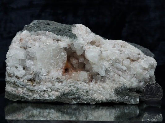 #11072 White and clear Combined form Calcite with Hematite inclusions on matrix