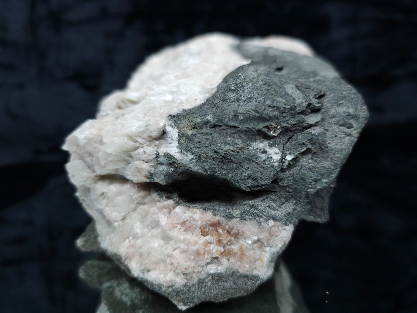 #11072 White and clear Combined form Calcite with Hematite inclusions on matrix