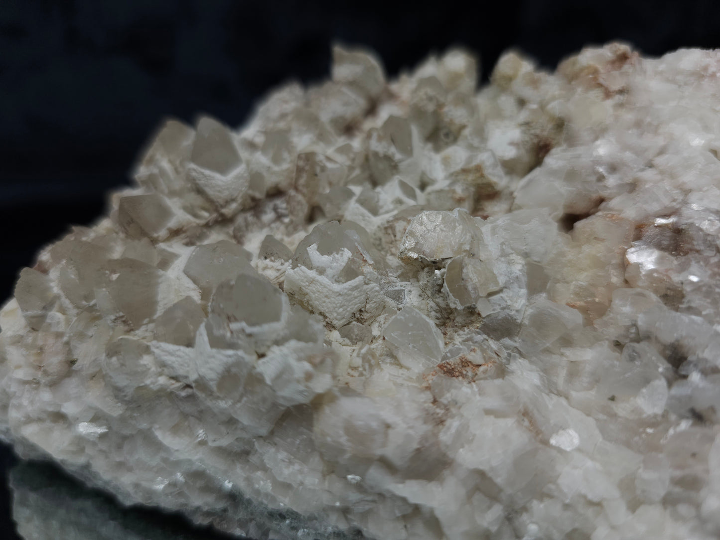 #11251 White Dolomite and Chalcopyrite on Combined form Calcite cluster with Hematite inclusions