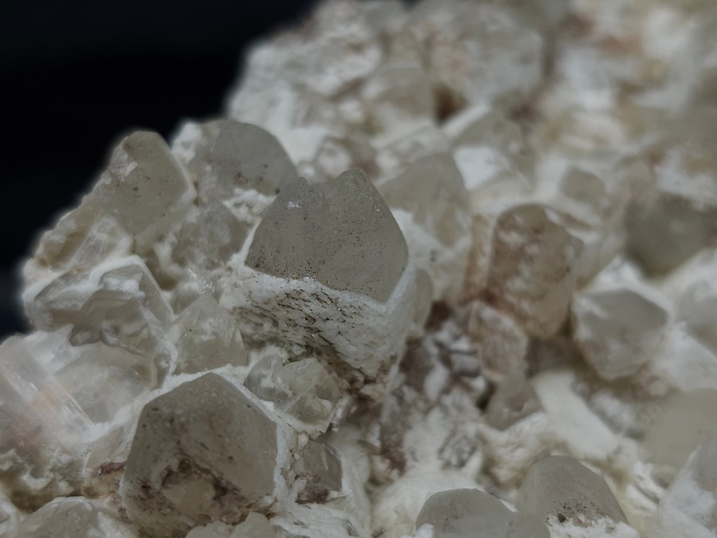 #11251 White Dolomite and Chalcopyrite on Combined form Calcite cluster with Hematite inclusions