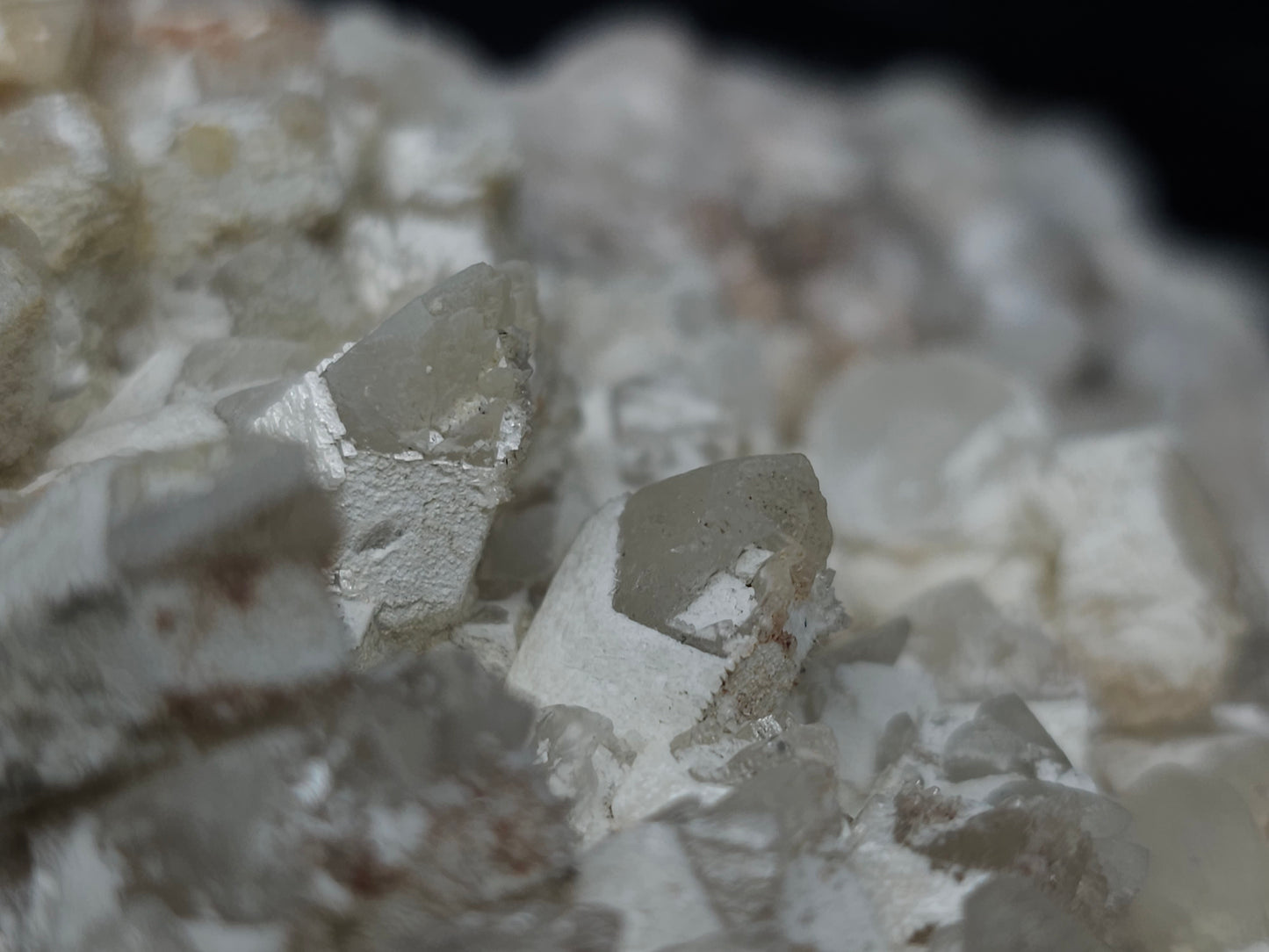#11251 White Dolomite and Chalcopyrite on Combined form Calcite cluster with Hematite inclusions