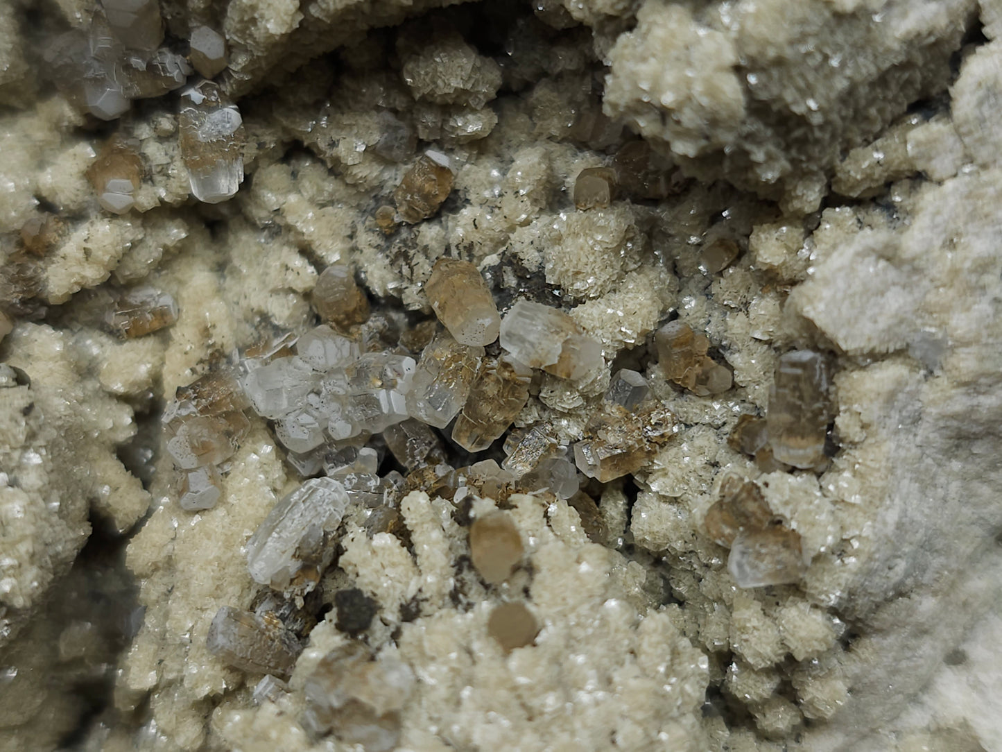 #88173 Combined form Calcite with iron inclusions on cream-white Calcite pseudomorph after Combined form and needle Calcite on amazing matrix