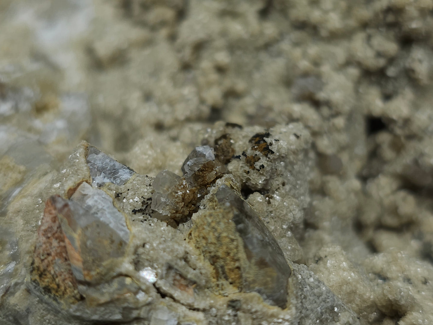 #88173 Combined form Calcite with iron inclusions on cream-white Calcite pseudomorph after Combined form and needle Calcite on amazing matrix