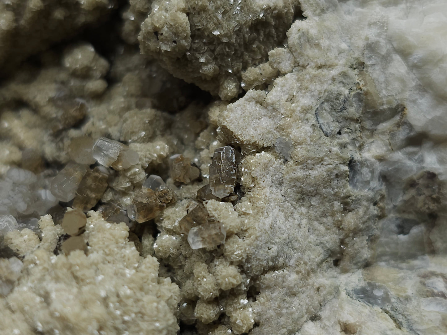 #88173 Combined form Calcite with iron inclusions on cream-white Calcite pseudomorph after Combined form and needle Calcite on amazing matrix