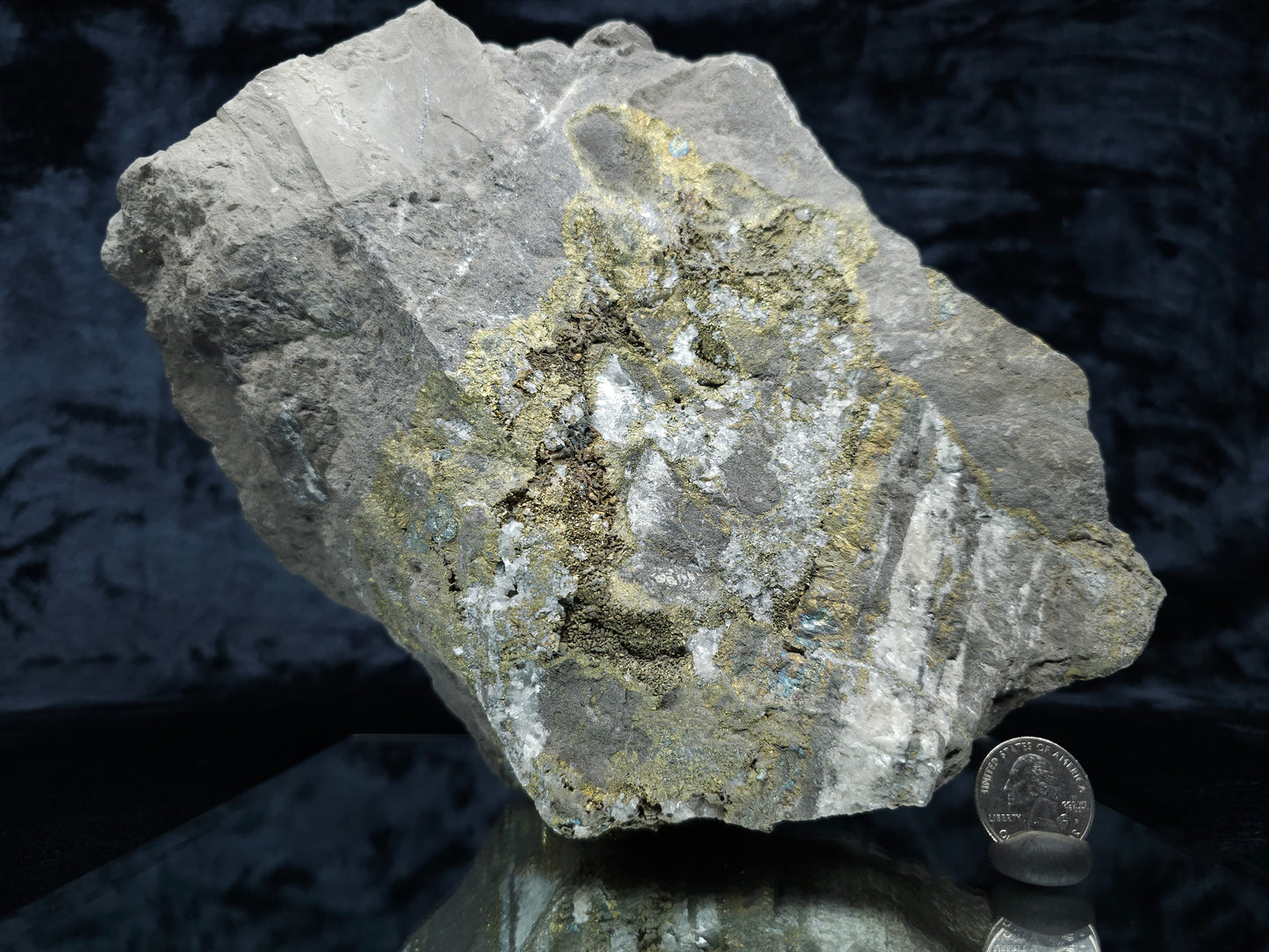 #55013 Fossil flower with peacock ore Chalcopyrite coating with hydrothermal Calcite deposit it also have uncommon hard to find Chalcopyrite flake formation with multiple fossils in the matrix