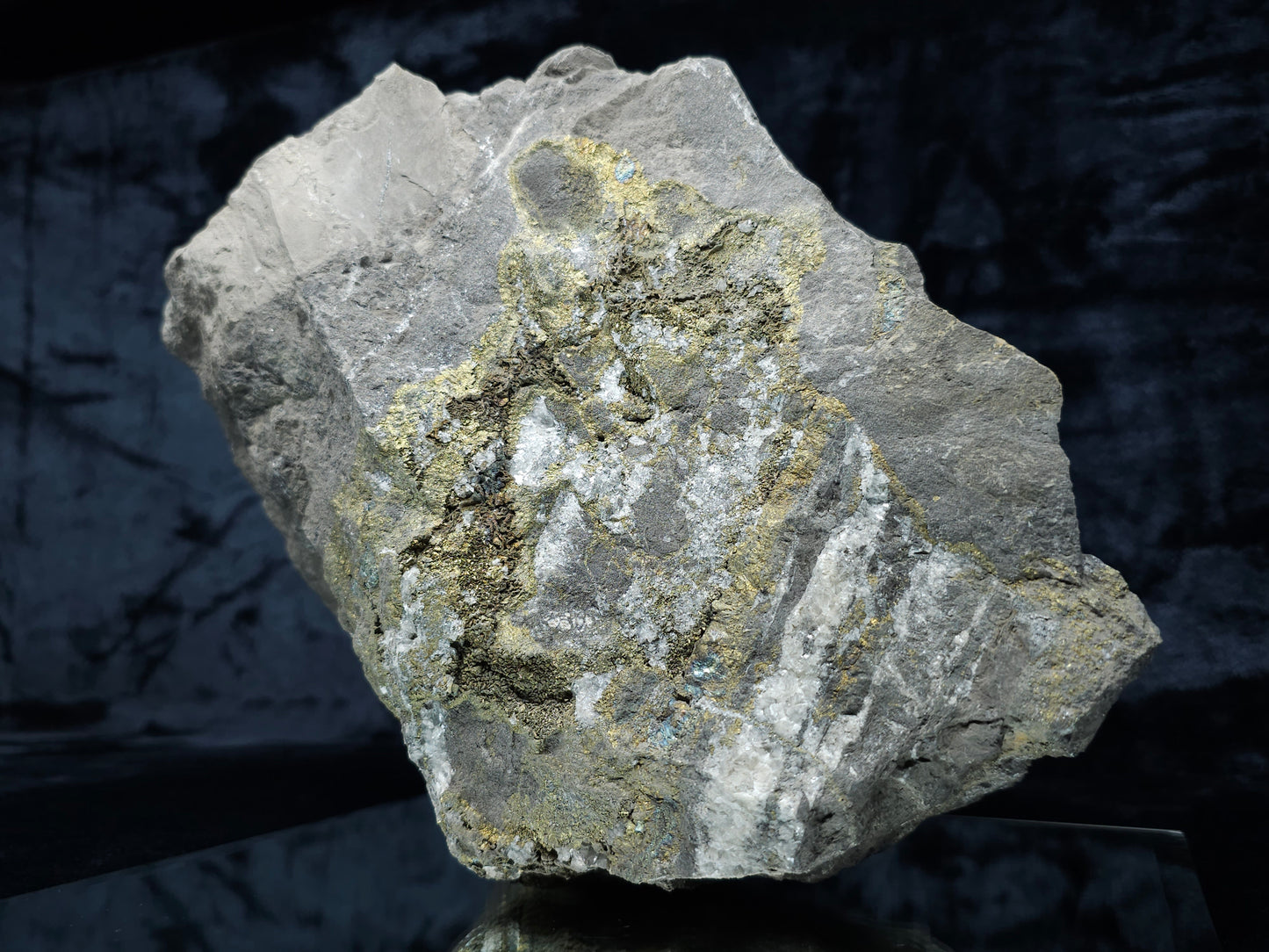 #55013 Fossil flower with peacock ore Chalcopyrite coating with hydrothermal Calcite deposit it also have uncommon hard to find Chalcopyrite flake formation with multiple fossils in the matrix