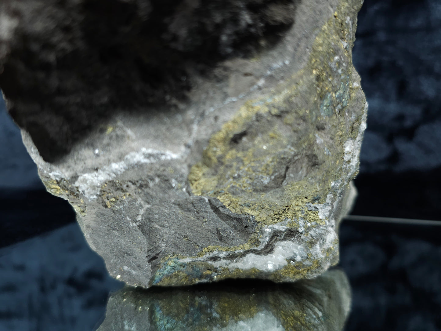 #55013 Fossil flower with peacock ore Chalcopyrite coating with hydrothermal Calcite deposit it also have uncommon hard to find Chalcopyrite flake formation with multiple fossils in the matrix