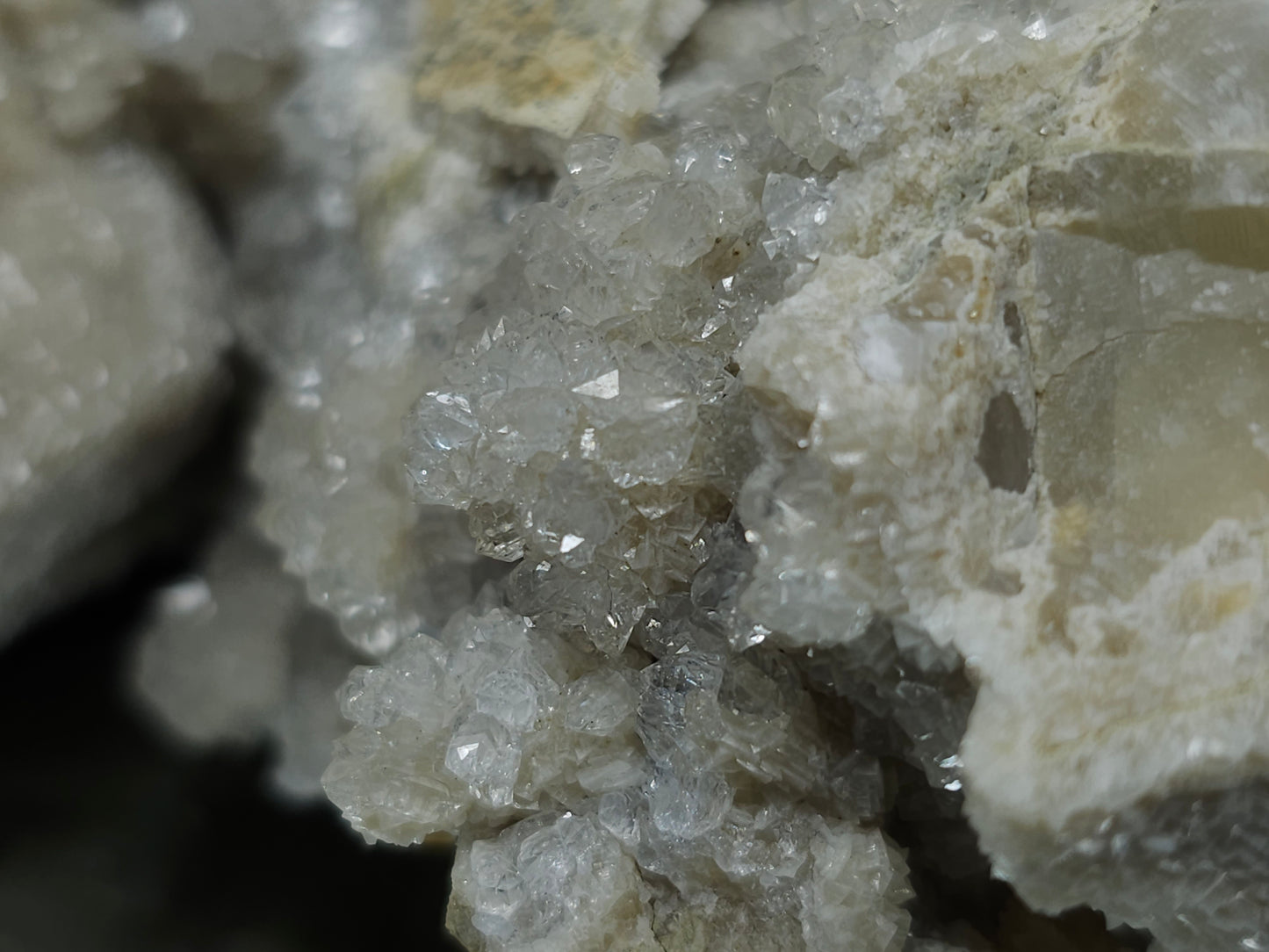 #88178 Spirit Quartz on cream-white Calcite pseudomorph after Combined form, Calcite pseudomorph after iron Dolomite coating on Combined form Calcite on matrix