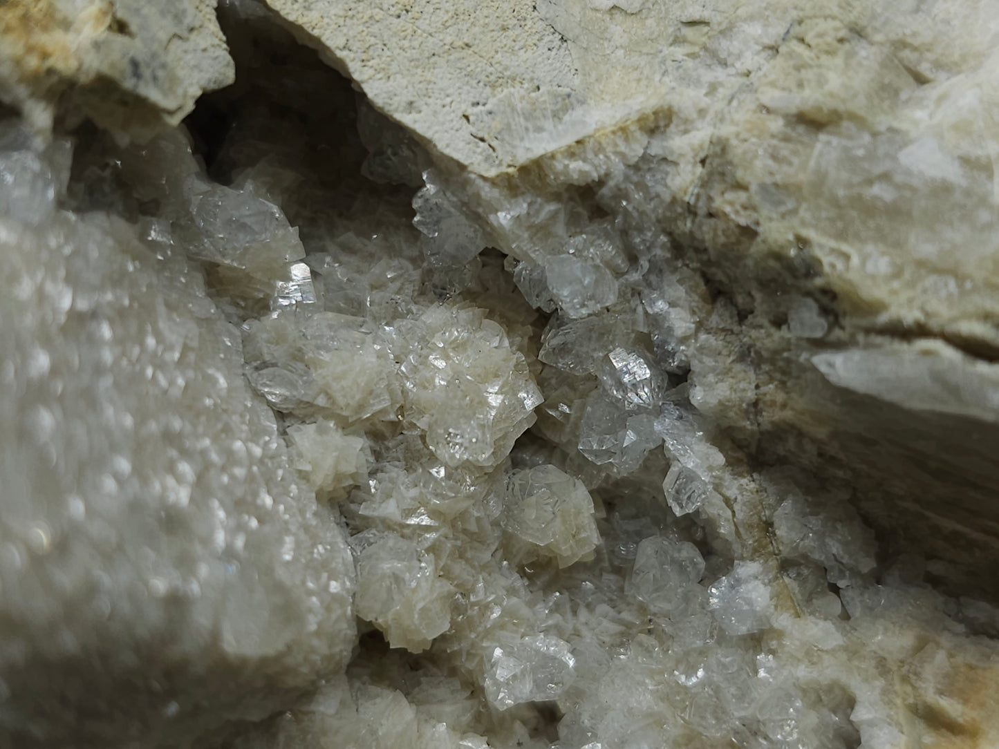 #88178 Spirit Quartz on cream-white Calcite pseudomorph after Combined form, Calcite pseudomorph after iron Dolomite coating on Combined form Calcite on matrix