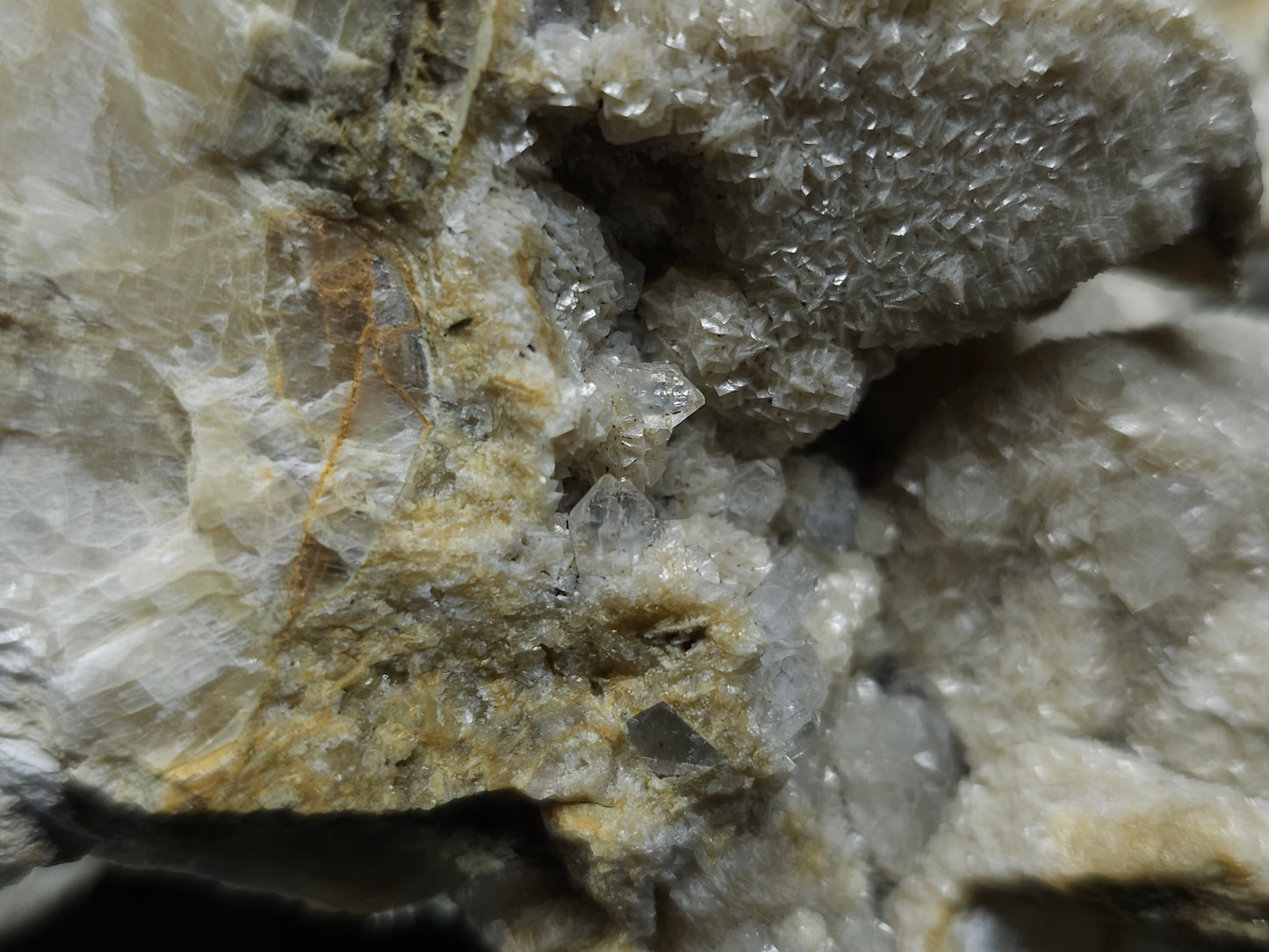 #88178 Spirit Quartz on cream-white Calcite pseudomorph after Combined form, Calcite pseudomorph after iron Dolomite coating on Combined form Calcite on matrix