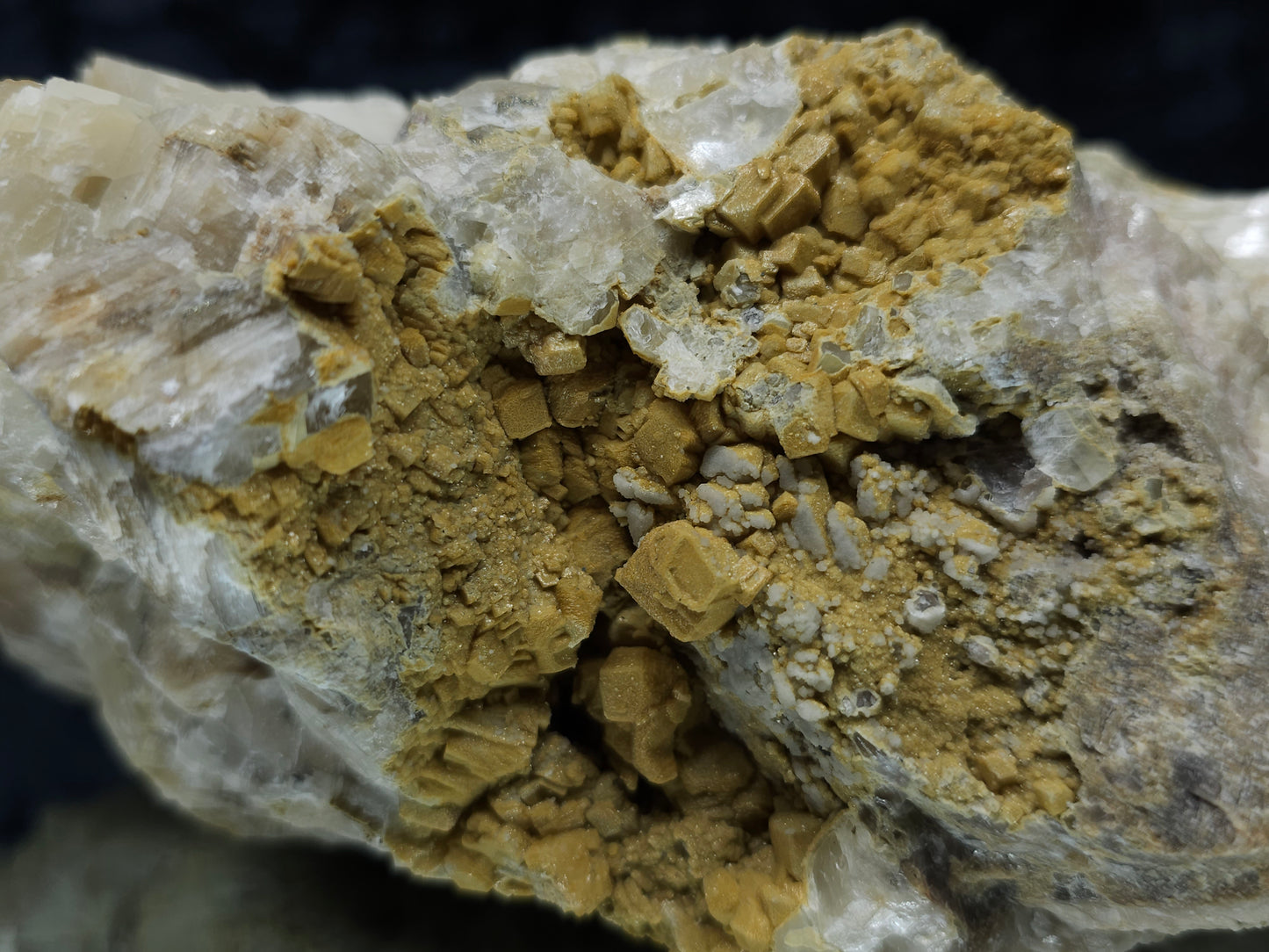 #88178 Spirit Quartz on cream-white Calcite pseudomorph after Combined form, Calcite pseudomorph after iron Dolomite coating on Combined form Calcite on matrix