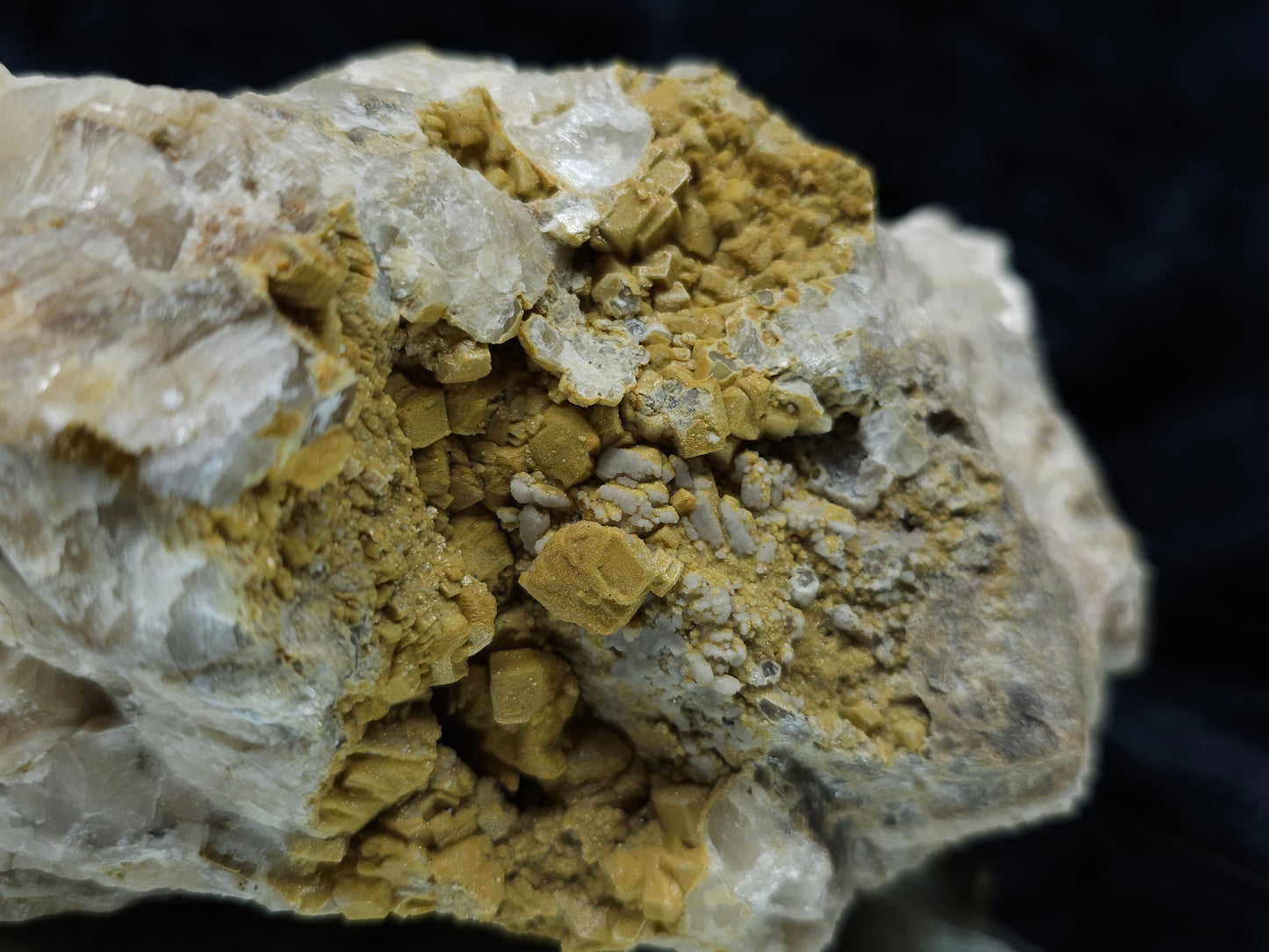 #88178 Spirit Quartz on cream-white Calcite pseudomorph after Combined form, Calcite pseudomorph after iron Dolomite coating on Combined form Calcite on matrix