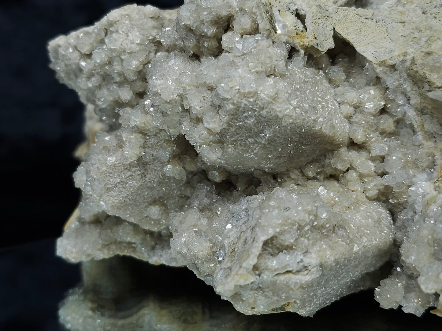 #88178 Spirit Quartz on cream-white Calcite pseudomorph after Combined form, Calcite pseudomorph after iron Dolomite coating on Combined form Calcite on matrix