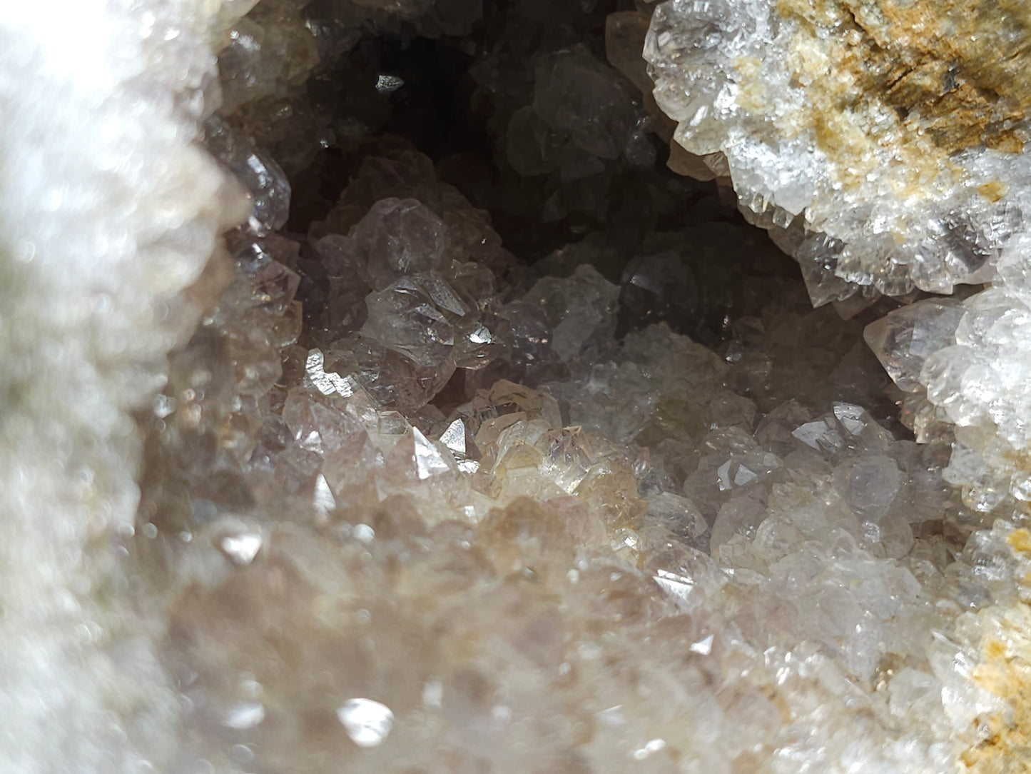 #88176 Purple Quartz geode with Spirit Gwindel Quartz on cream-white Calcite pseudomorph after Combined form Calcite on Calcite and Sedimentary matrix