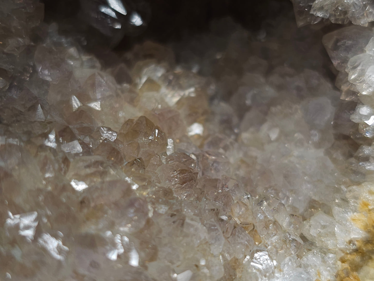 #88176 Purple Quartz geode with Spirit Gwindel Quartz on cream-white Calcite pseudomorph after Combined form Calcite on Calcite and Sedimentary matrix