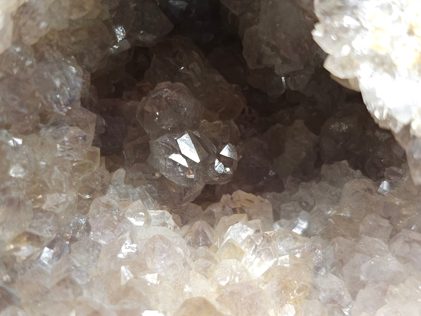 #88176 Purple Quartz geode with Spirit Gwindel Quartz on cream-white Calcite pseudomorph after Combined form Calcite on Calcite and Sedimentary matrix