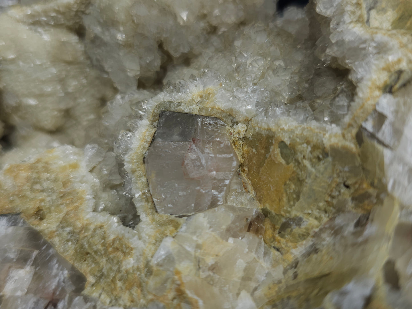 #88176 Purple Quartz geode with Spirit Gwindel Quartz on cream-white Calcite pseudomorph after Combined form Calcite on Calcite and Sedimentary matrix