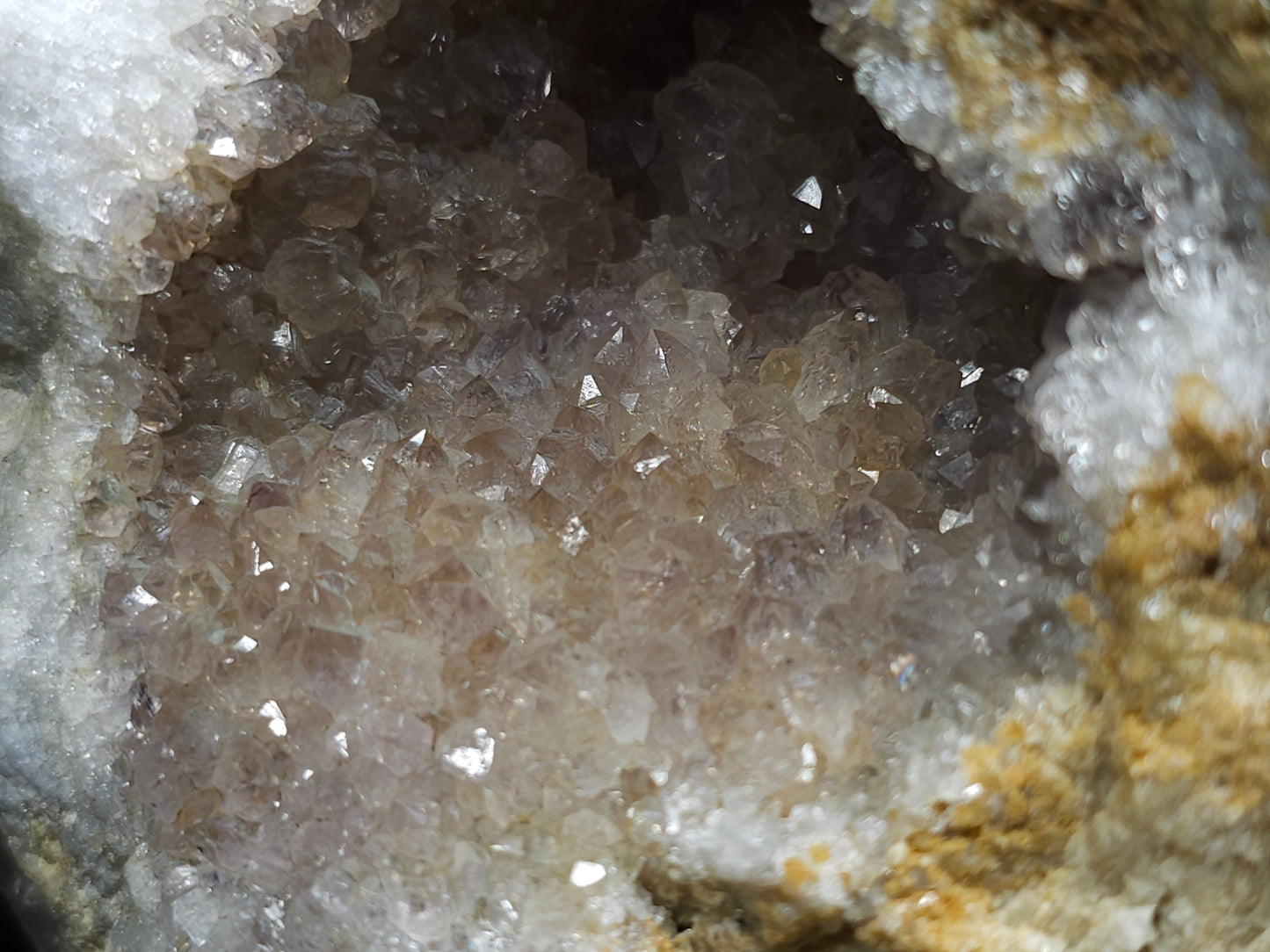 #88176 Purple Quartz geode with Spirit Gwindel Quartz on cream-white Calcite pseudomorph after Combined form Calcite on Calcite and Sedimentary matrix