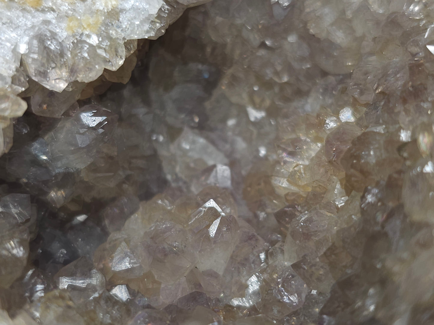 #88176 Purple Quartz geode with Spirit Gwindel Quartz on cream-white Calcite pseudomorph after Combined form Calcite on Calcite and Sedimentary matrix