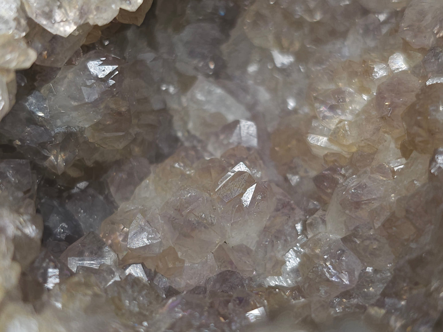 #88176 Purple Quartz geode with Spirit Gwindel Quartz on cream-white Calcite pseudomorph after Combined form Calcite on Calcite and Sedimentary matrix