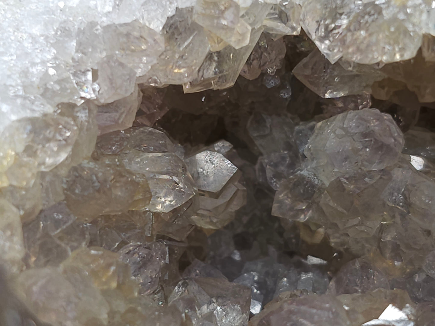 #88176 Purple Quartz geode with Spirit Gwindel Quartz on cream-white Calcite pseudomorph after Combined form Calcite on Calcite and Sedimentary matrix