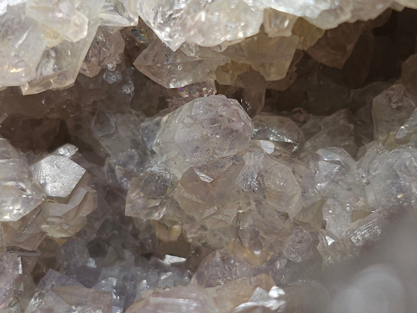 #88176 Purple Quartz geode with Spirit Gwindel Quartz on cream-white Calcite pseudomorph after Combined form Calcite on Calcite and Sedimentary matrix