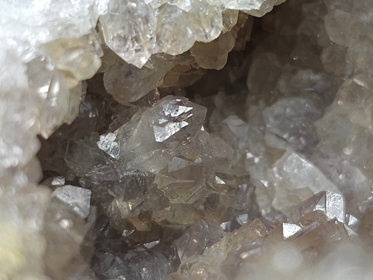 #88176 Purple Quartz geode with Spirit Gwindel Quartz on cream-white Calcite pseudomorph after Combined form Calcite on Calcite and Sedimentary matrix