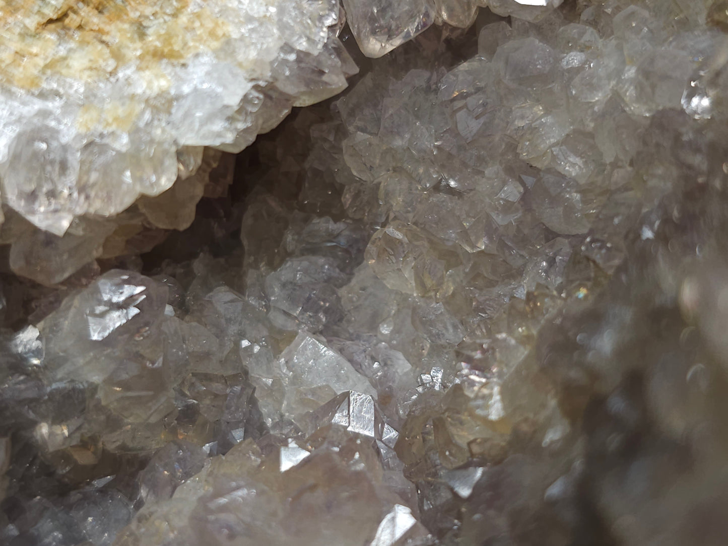 #88176 Purple Quartz geode with Spirit Gwindel Quartz on cream-white Calcite pseudomorph after Combined form Calcite on Calcite and Sedimentary matrix