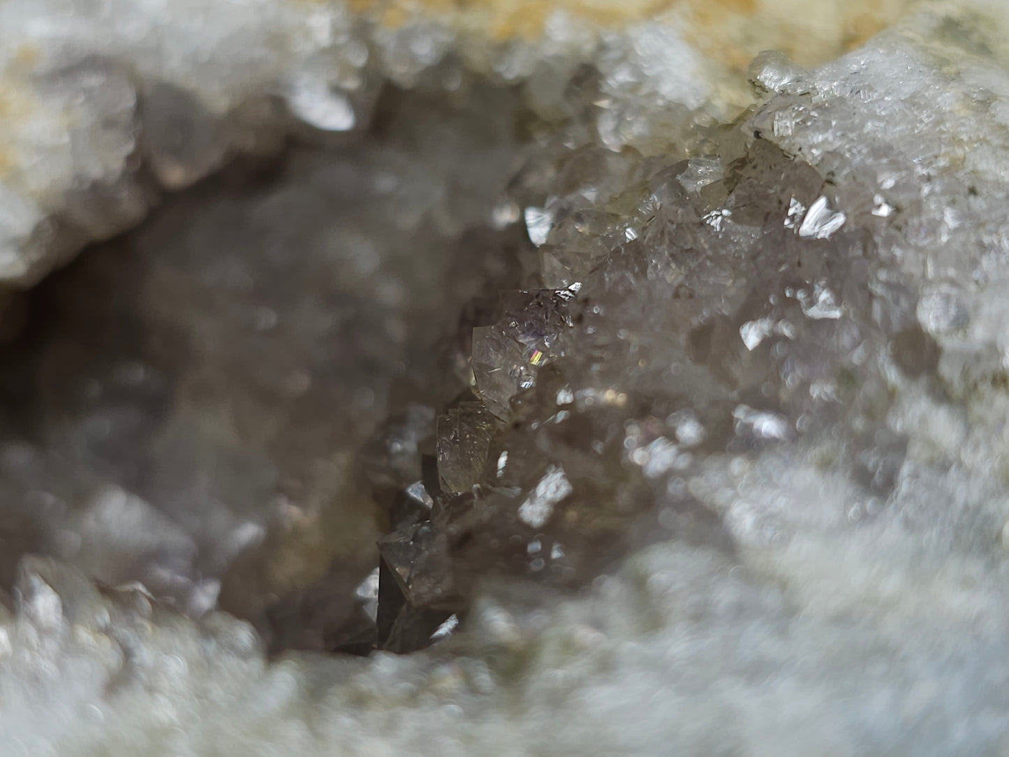 #88176 Purple Quartz geode with Spirit Gwindel Quartz on cream-white Calcite pseudomorph after Combined form Calcite on Calcite and Sedimentary matrix