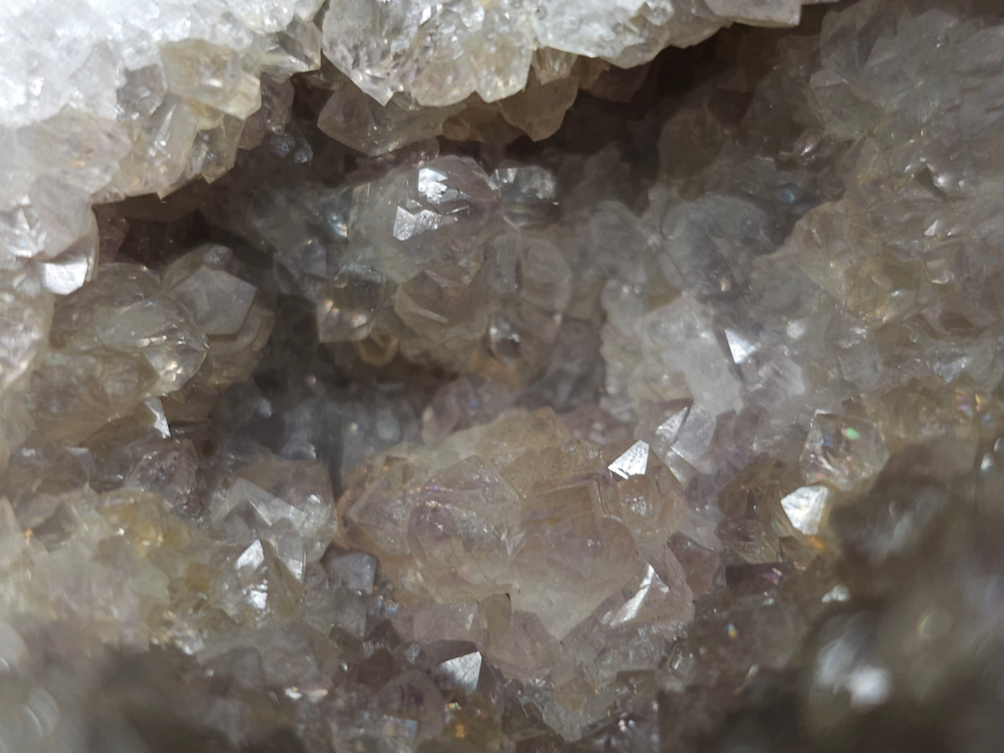 #88176 Purple Quartz geode with Spirit Gwindel Quartz on cream-white Calcite pseudomorph after Combined form Calcite on Calcite and Sedimentary matrix