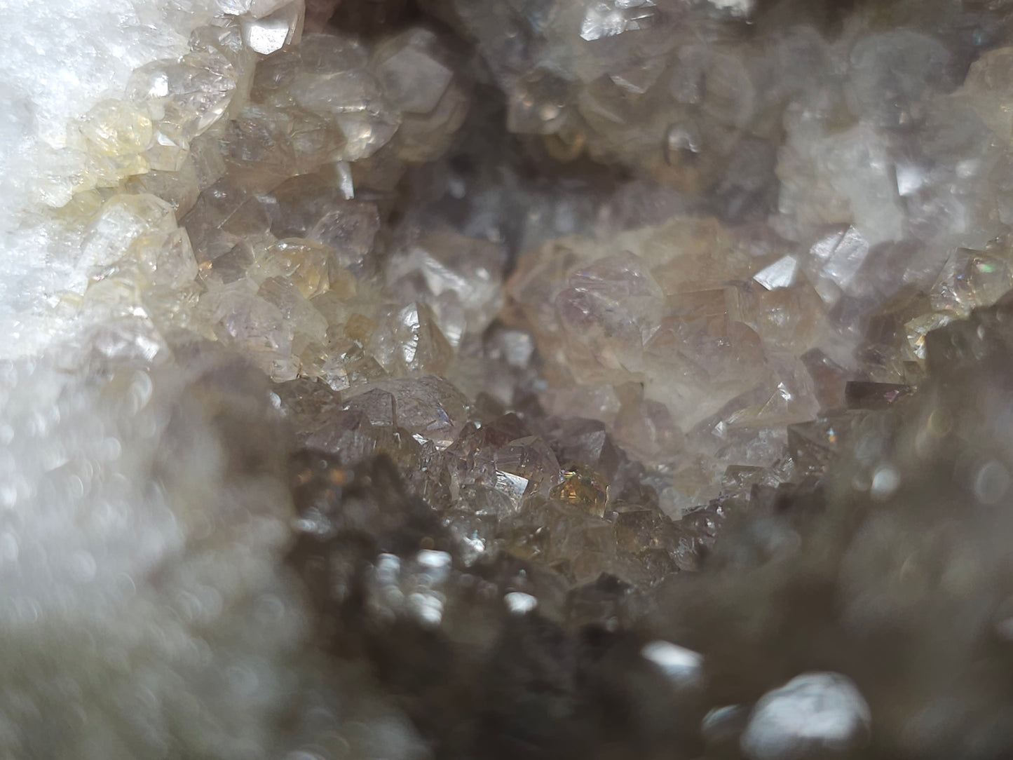 #88176 Purple Quartz geode with Spirit Gwindel Quartz on cream-white Calcite pseudomorph after Combined form Calcite on Calcite and Sedimentary matrix