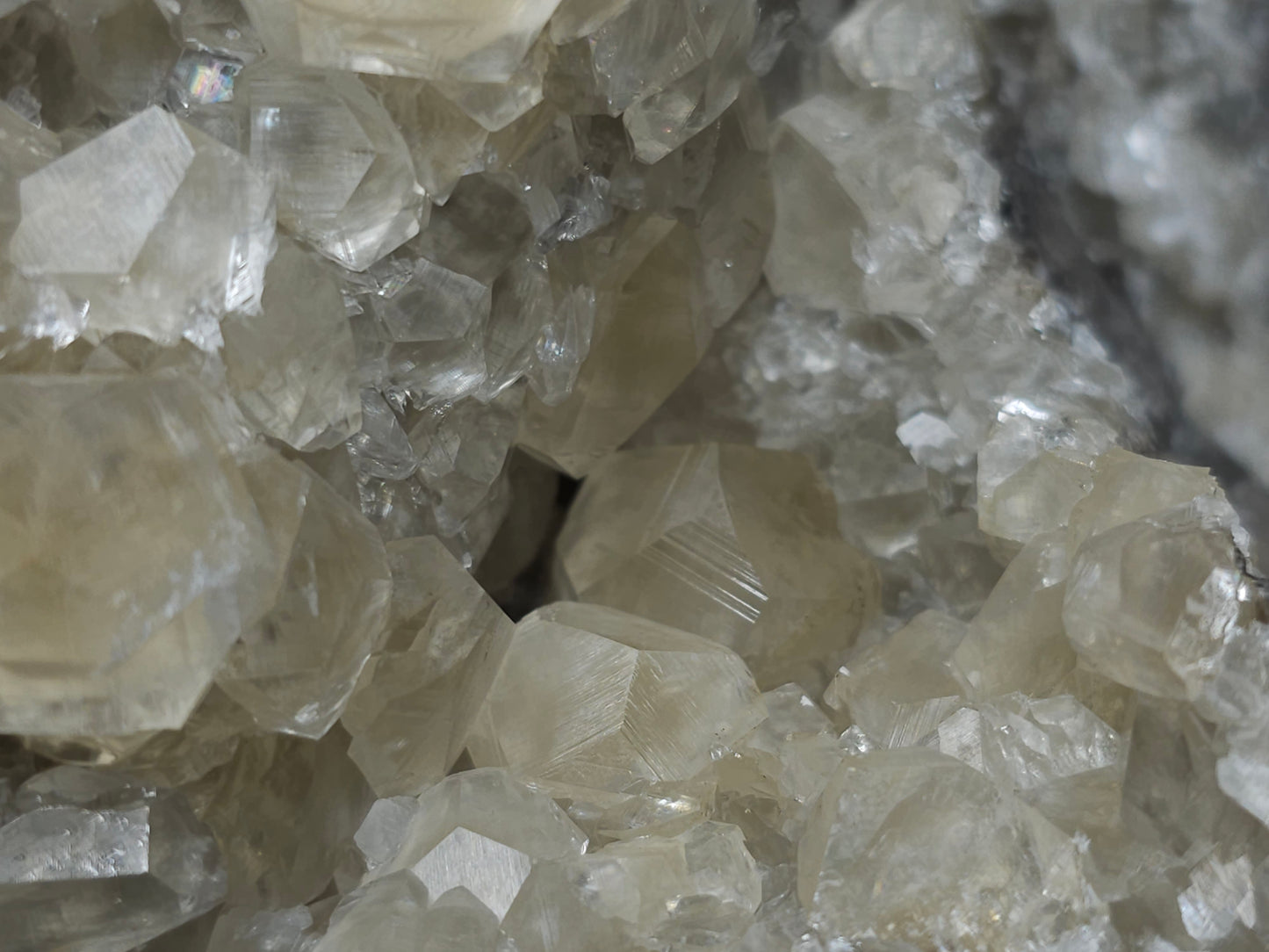 #33128 Super clear Nailhead Spar Calcite geode with Chalcopyrite ore and multiple small fossils in the matrix
