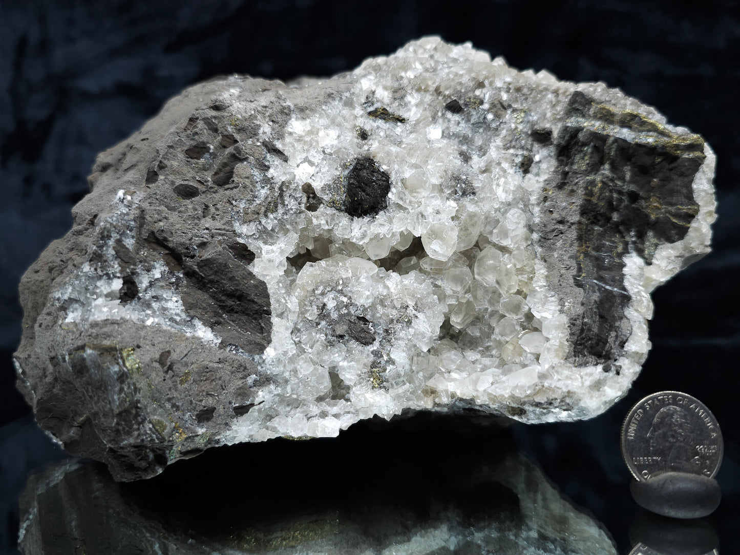#33130 Super clear Nailhead Spar Calcite geode with Chalcopyrite ore and multiple small fossils in the matrix