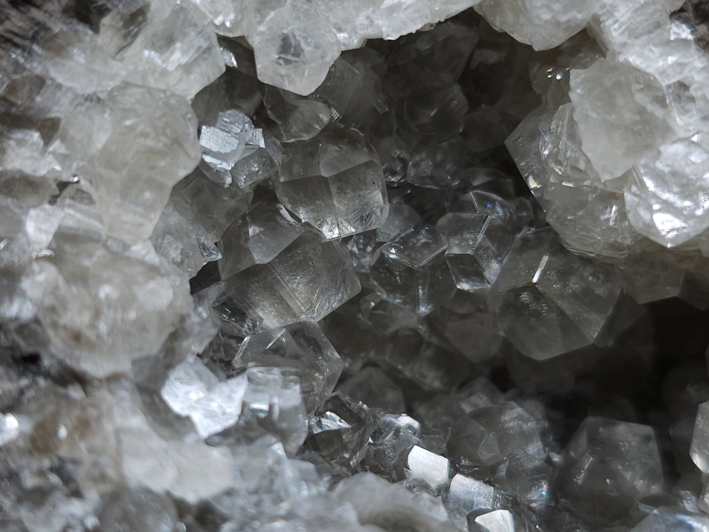#33131 Super clear Nailhead Spar Calcite geode with Chalcopyrite ore and multiple small fossils in the matrix