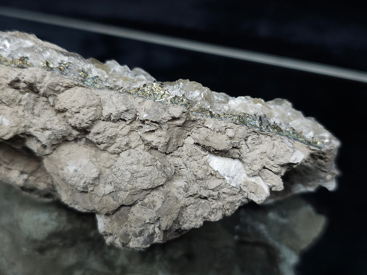#33143 Super clear Nailhead Spar Calcite cluster with Chalcopyrite ore and multiple small fossils in the matrix