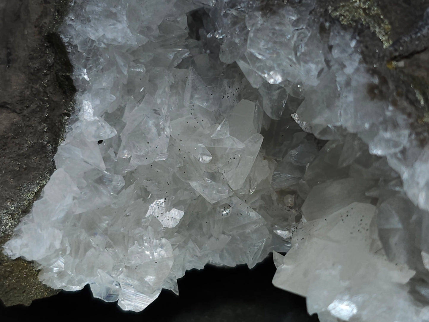 #33140 Super clear Nailhead Spar Calcite cluster with Chalcopyrite ore and multiple small fossils in the matrix