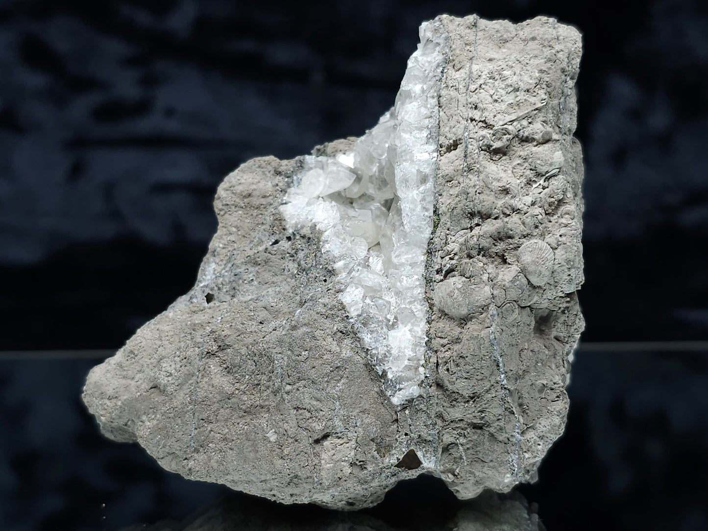 #33135 Super clear Nailhead Spar Calcite cluster with Chalcopyrite ore and multiple small fossils in the matrix