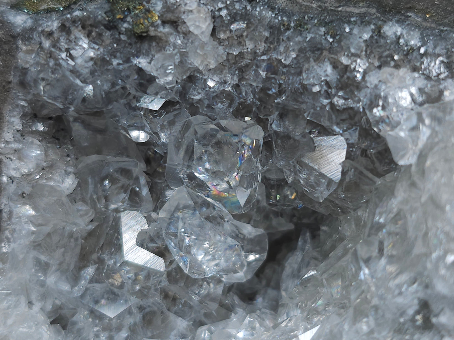 #33134 Super clear Nailhead Spar Calcite cluster with Chalcopyrite ore and multiple small fossils in the matrix