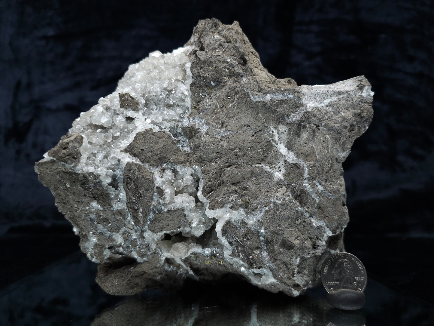 #33151 Super clear Nailhead Spar Calcite geode with Chalcopyrite ore and multiple small fossils in the matrix
