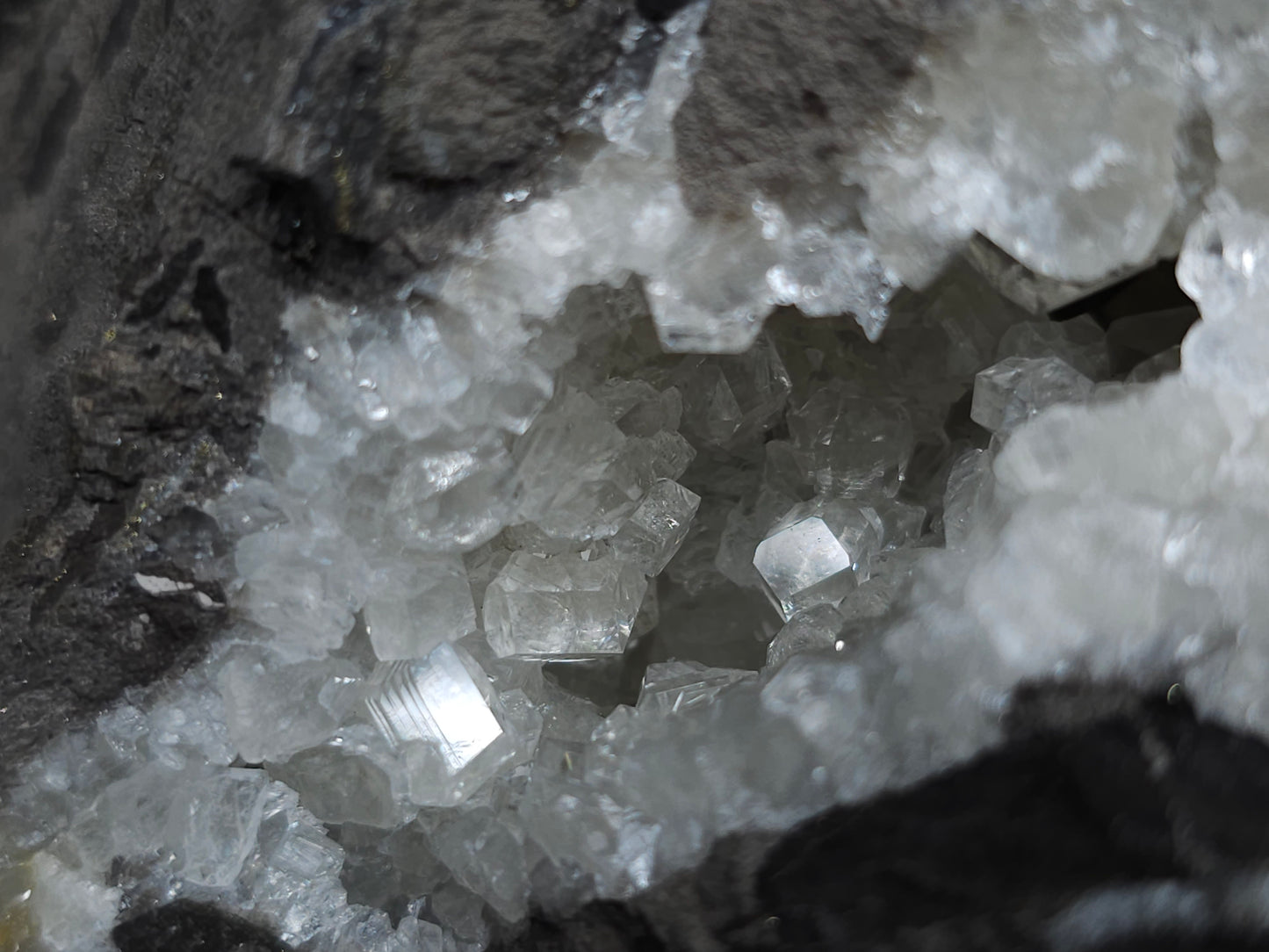 #33153 Super clear Nailhead Spar Calcite cluster with Chalcopyrite ore and multiple small fossils in the matrix