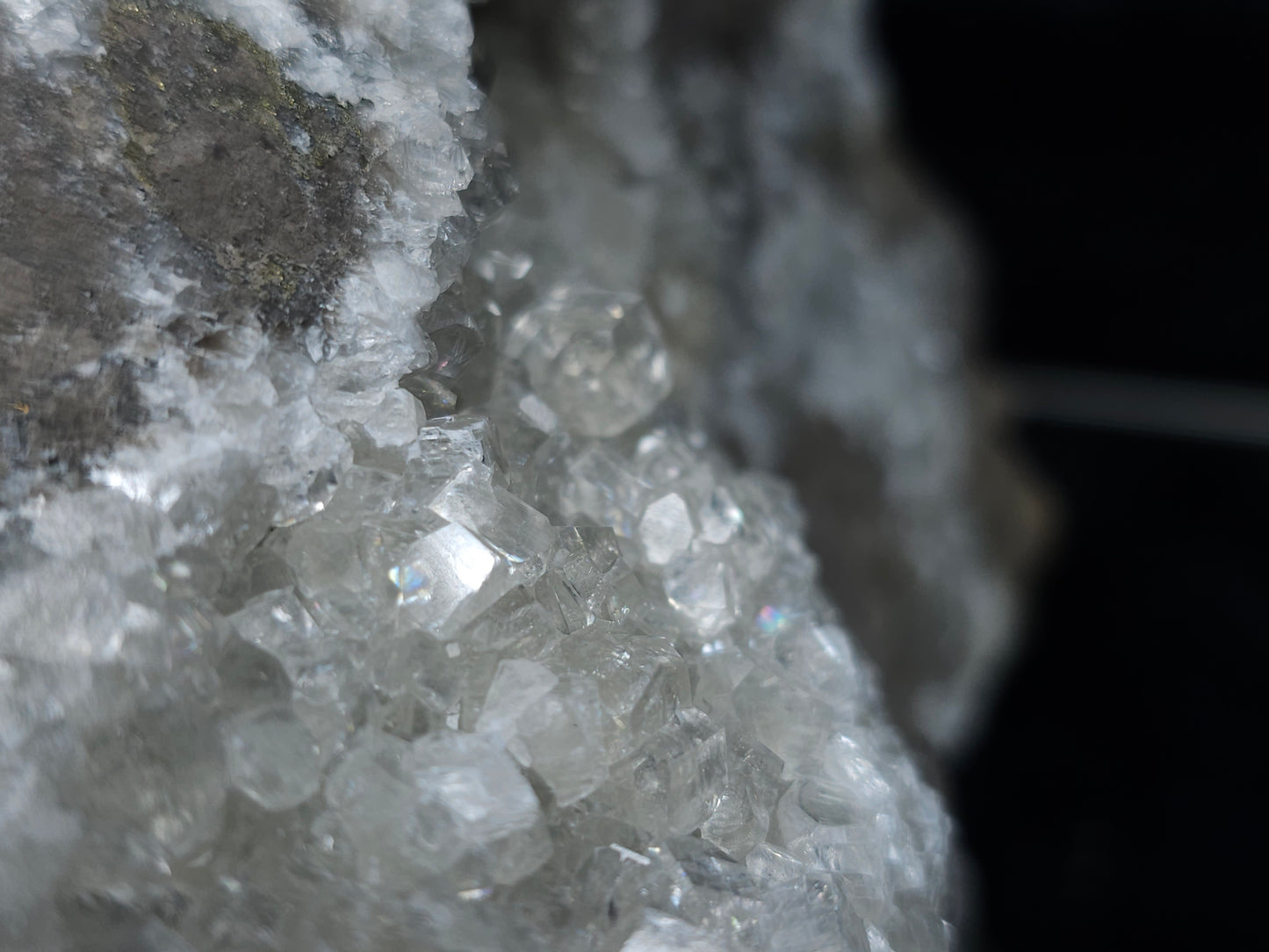 #33163 Super clear Nailhead Spar Calcite geode with Chalcopyrite ore and multiple small fossils in the matrix