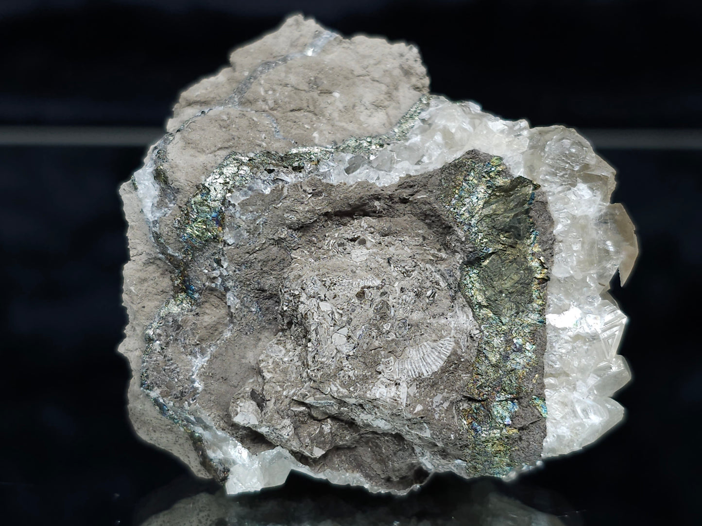 #33168 Super clear Nailhead Spar Calcite cluster with Chalcopyrite ore and multiple small fossils in the matrix