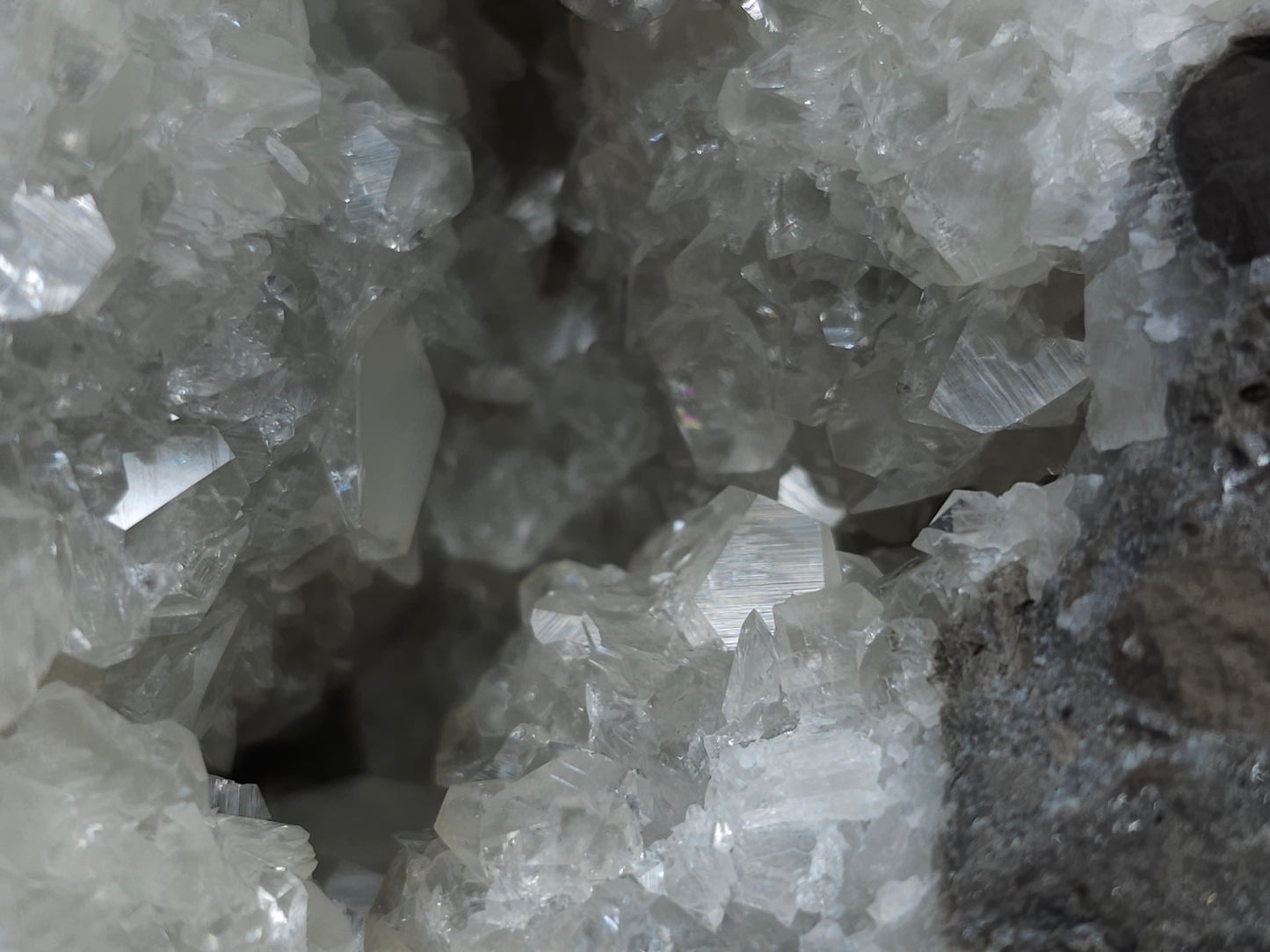 #33161 Super clear Nailhead Spar Calcite geode with Chalcopyrite ore and multiple small fossils in the matrix