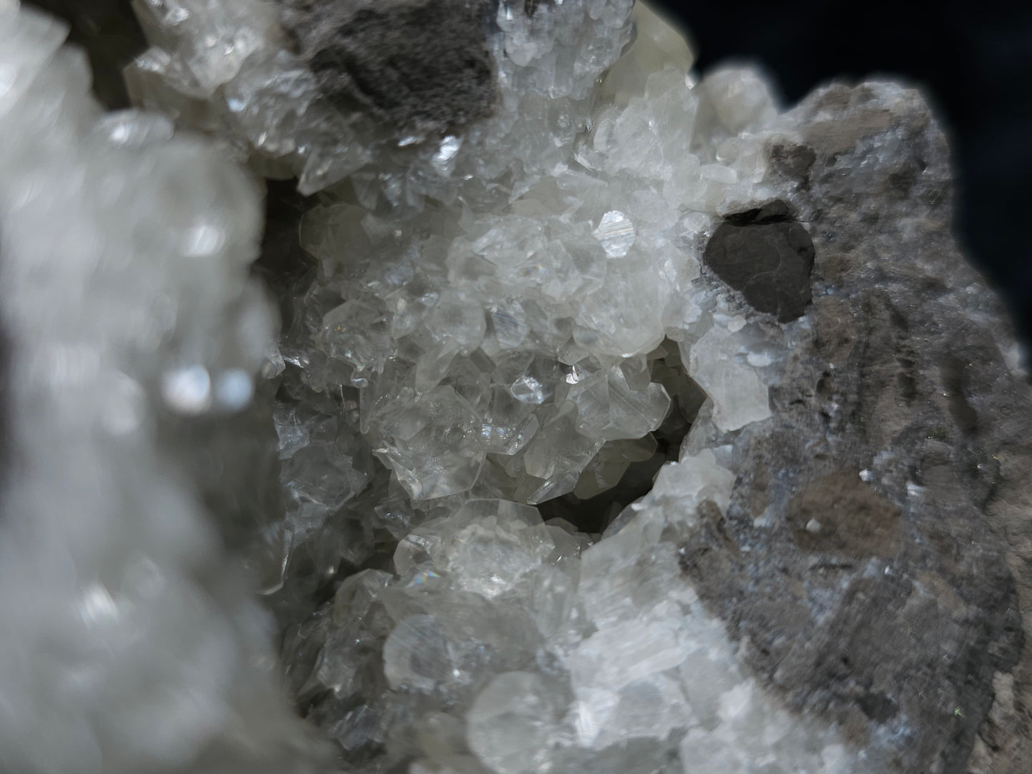 #33161 Super clear Nailhead Spar Calcite geode with Chalcopyrite ore and multiple small fossils in the matrix