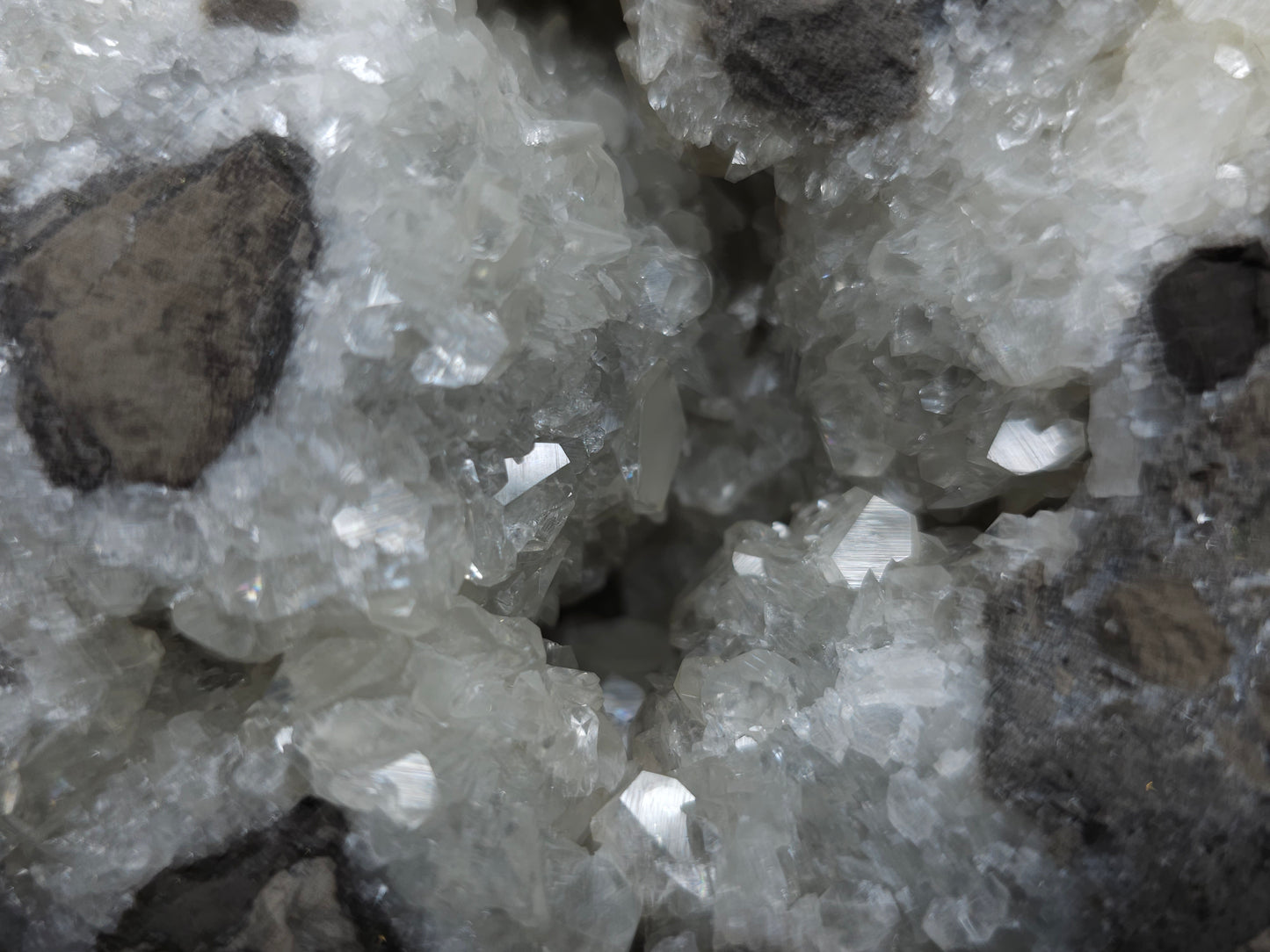 #33161 Super clear Nailhead Spar Calcite geode with Chalcopyrite ore and multiple small fossils in the matrix