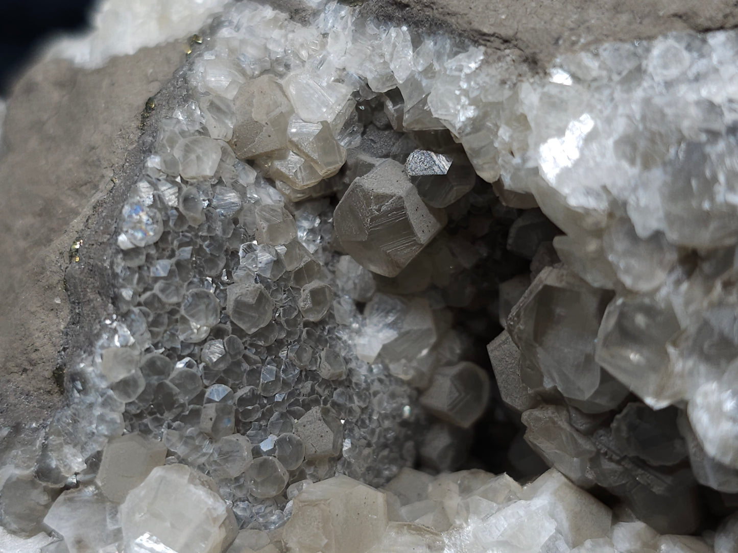 #33177 Double phantom Nailhead and clear Nailhead Spar Calcite geode with Chalcopyrite ore and multiple small fossils in the matrix