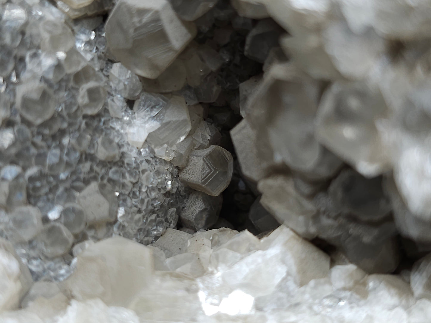 #33177 Double phantom Nailhead and clear Nailhead Spar Calcite geode with Chalcopyrite ore and multiple small fossils in the matrix