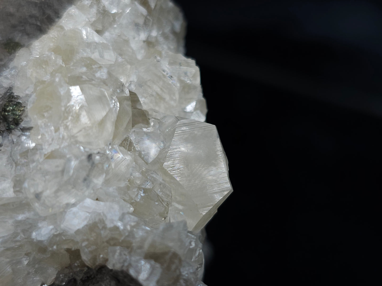 #33177 Double phantom Nailhead and clear Nailhead Spar Calcite geode with Chalcopyrite ore and multiple small fossils in the matrix